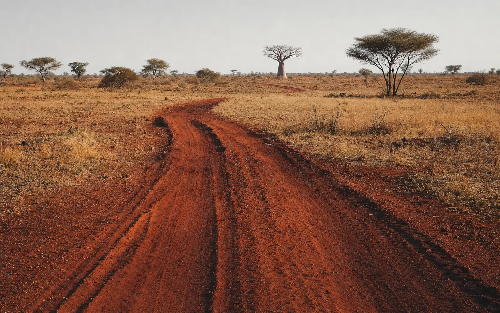 Une piste de latérite quittant la ville : terre rouge-brun d'oxyde de fer, ornières tenant une ombre dure, acacias épars et un baobab au loin.