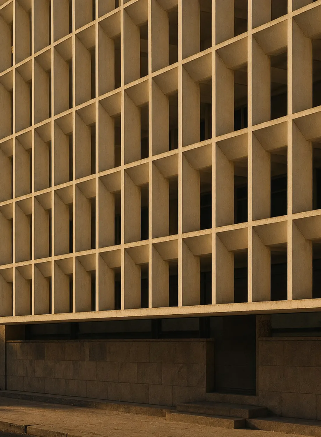 Façade en brise-soleil du Plateau, à Dakar : une grille de casiers de béton en lumière rasante.